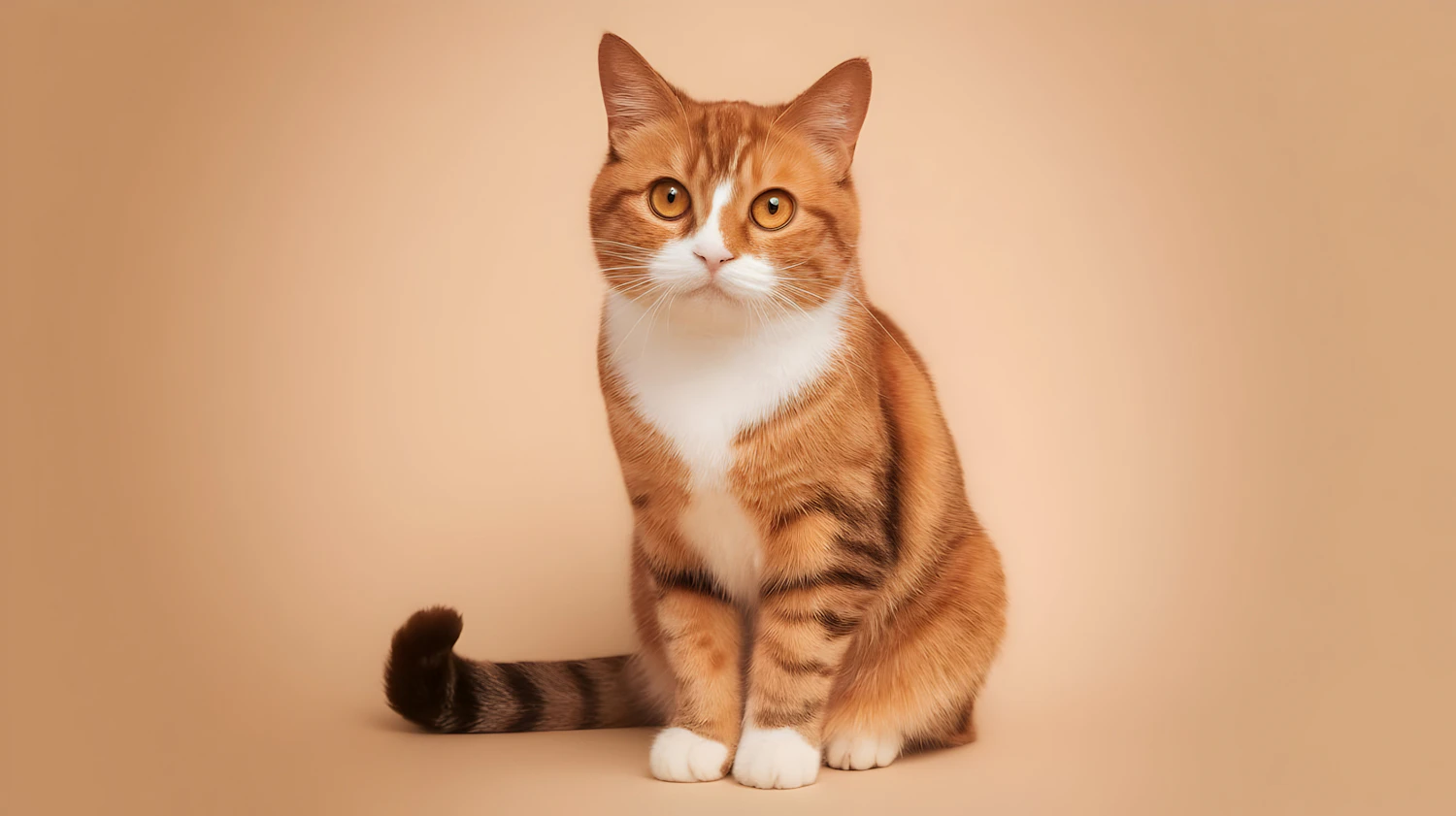 Red tabby and white British Shorthair sitting against a peach background