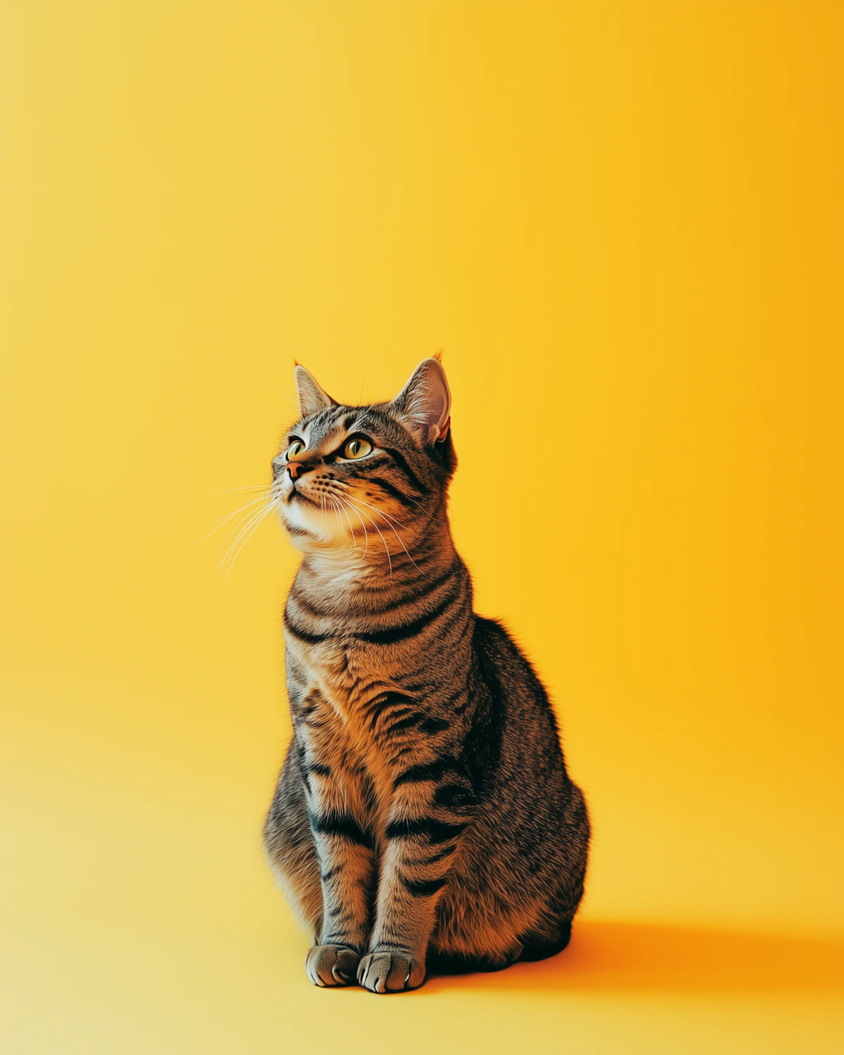 Brown tabby domestic shorthair cat sitting against a bright yellow background