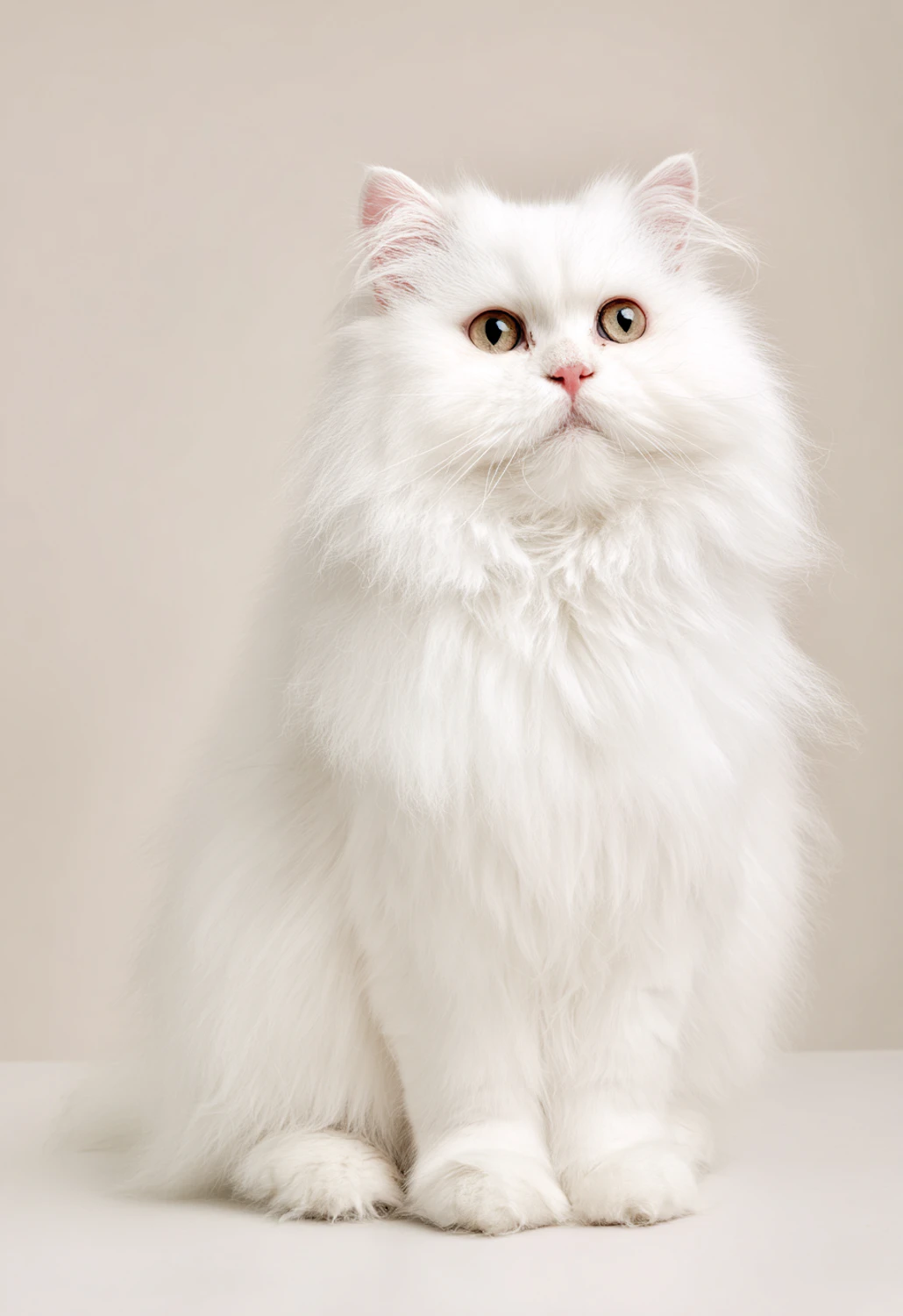 White long-haired Persian cat sitting against a soft beige background