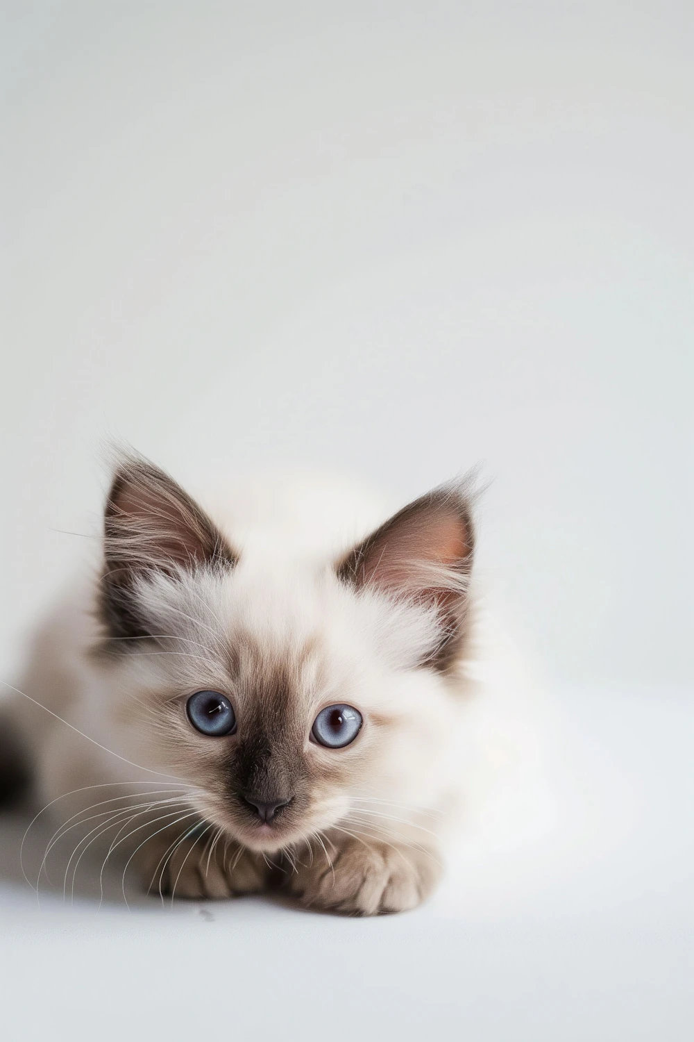 Seal point Ragdoll kitten with bright blue eyes lying on a white surface
