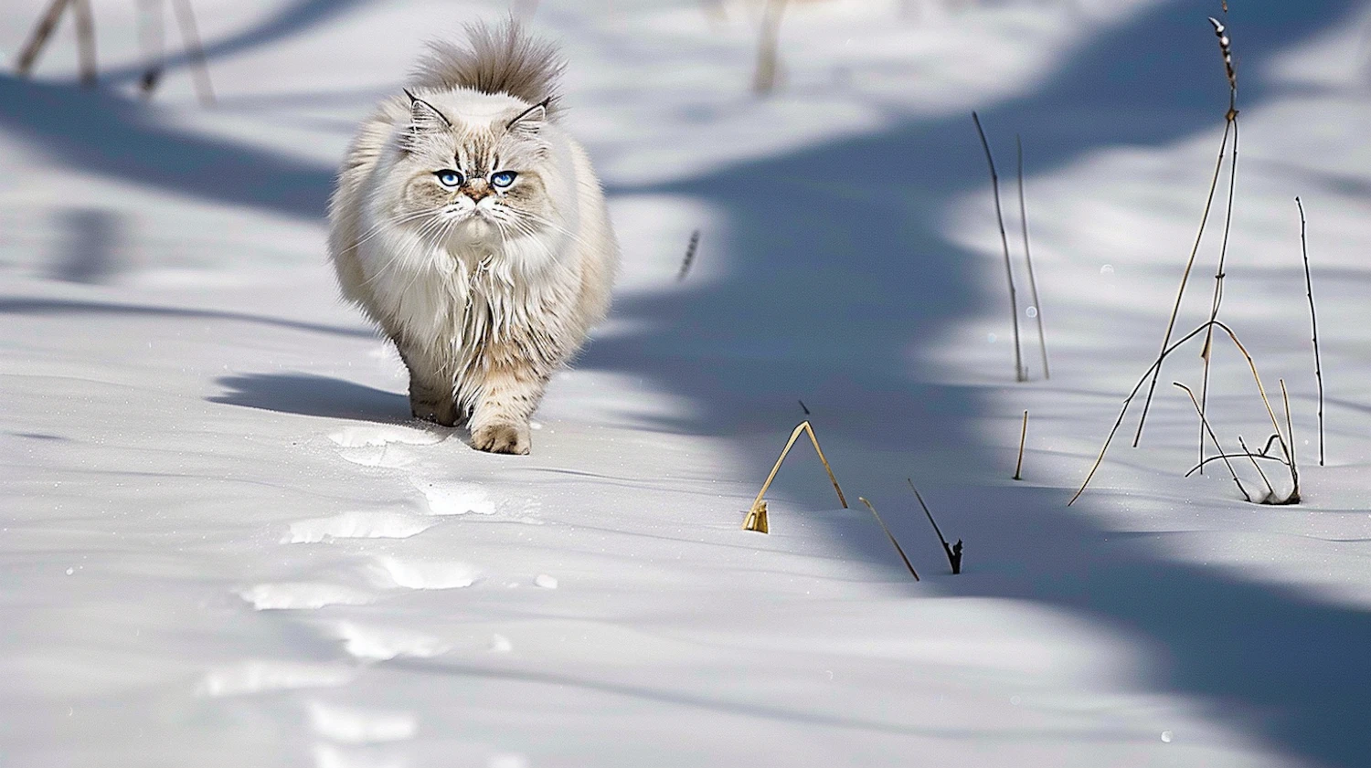 Fluffy colorpoint Siberian cat with blue eyes walking across fresh snow