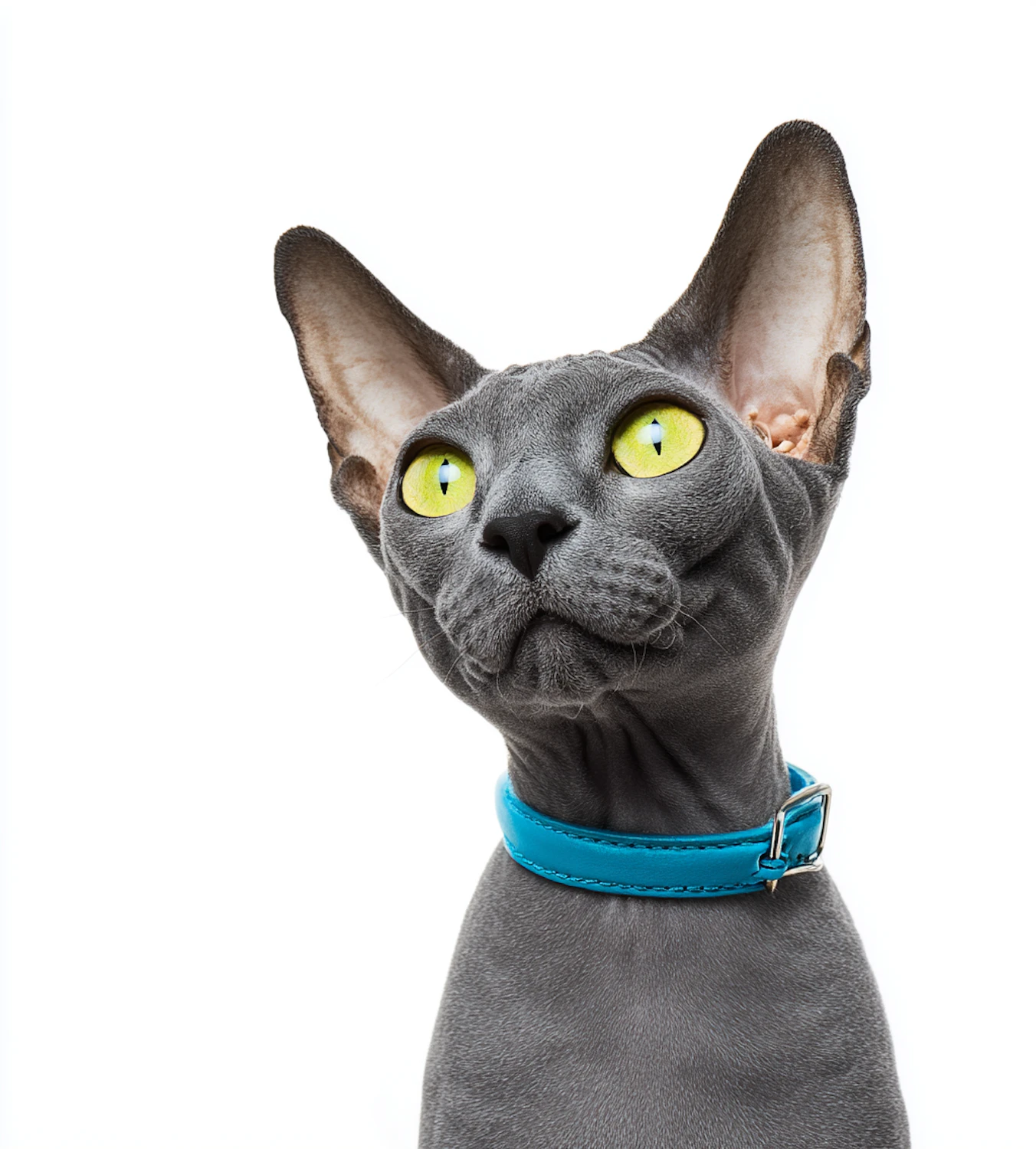 Gray hairless Sphynx cat with yellow-green eyes wearing a blue collar