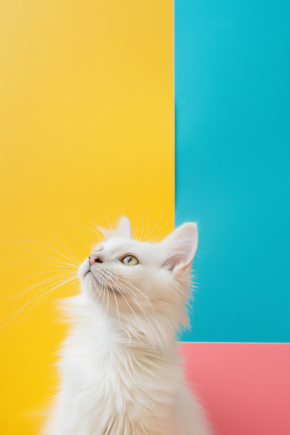 White long-haired Turkish Angora cat looking up in front of yellow and teal walls