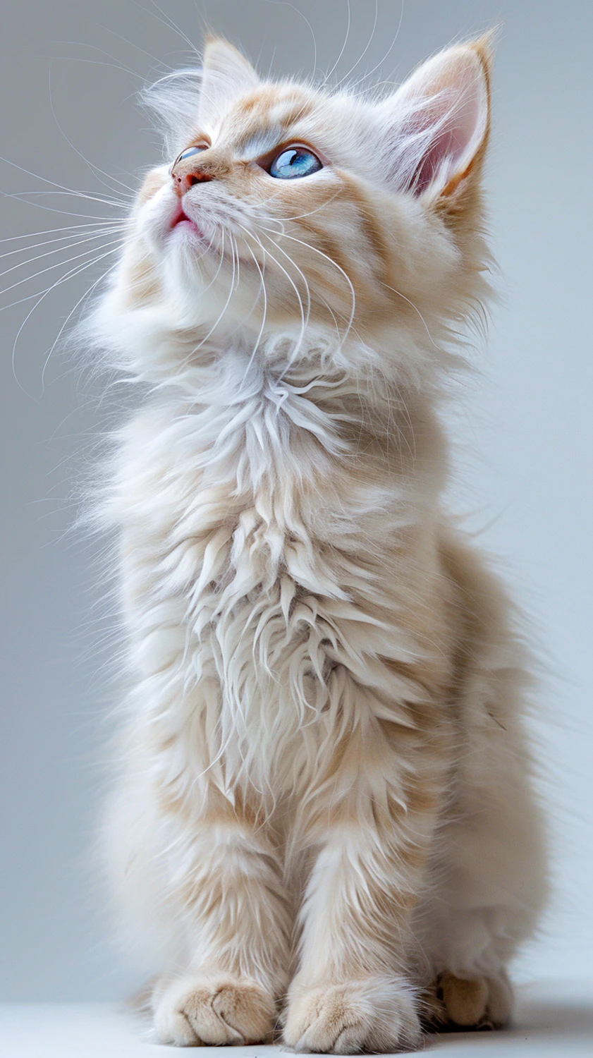 Fluffy cream kitten with blue eyes looking up curiously